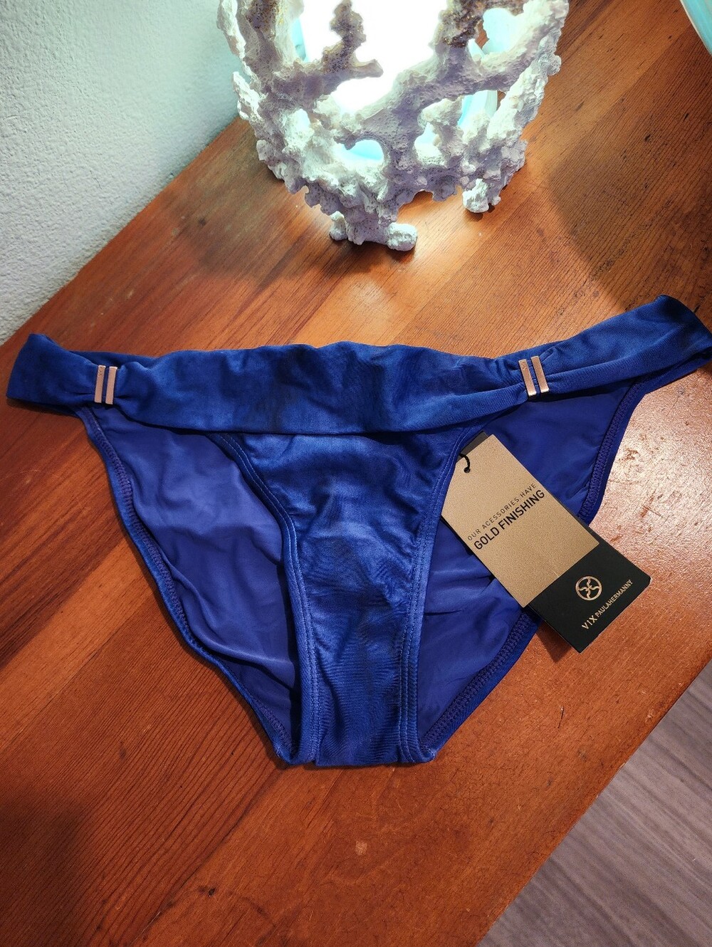 NEW! VIX PAULA HERMANNY SZ M Blue Bikini Bottoms with Gold Accent
